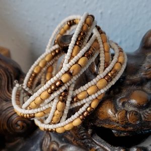 Wood and glass seed bead woven cuff bracelet hippie boho festival style